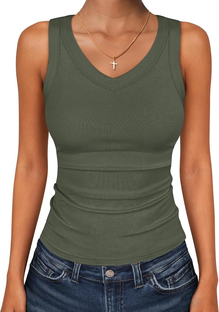 ANRABESS Tank Tops for Women V Neck Ribbed Knit Slim Fitted Sleeveless Basic Tee Tanks Casual Summer Clothes 2026 Medium