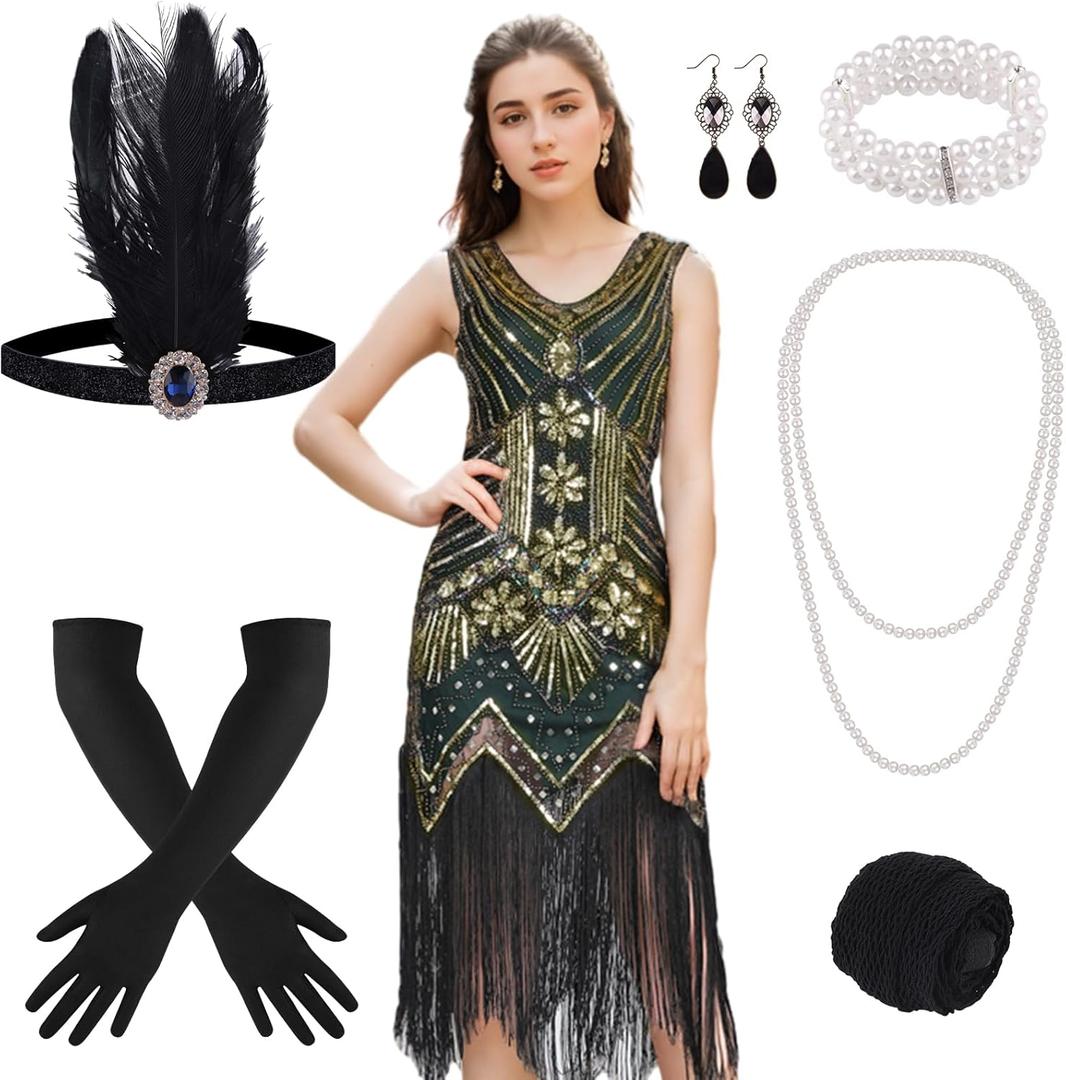 FEPITO 1920s Flapper Dresses for Women, Fringed Sequin Great Gatsby Dress for Women with 20s Accessories, Roaring 20s Costume (Small, Greenstyle 3)