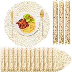 Sieral 24 Pcs Vinyl Placemats Bulk Round 15 Inch Hollow Out Leaf Design Metallic Table Placemats Pressed Charger Plates for Wedding Birthday Party Holiday Fall Home Dining Table Settings (Gold), Large