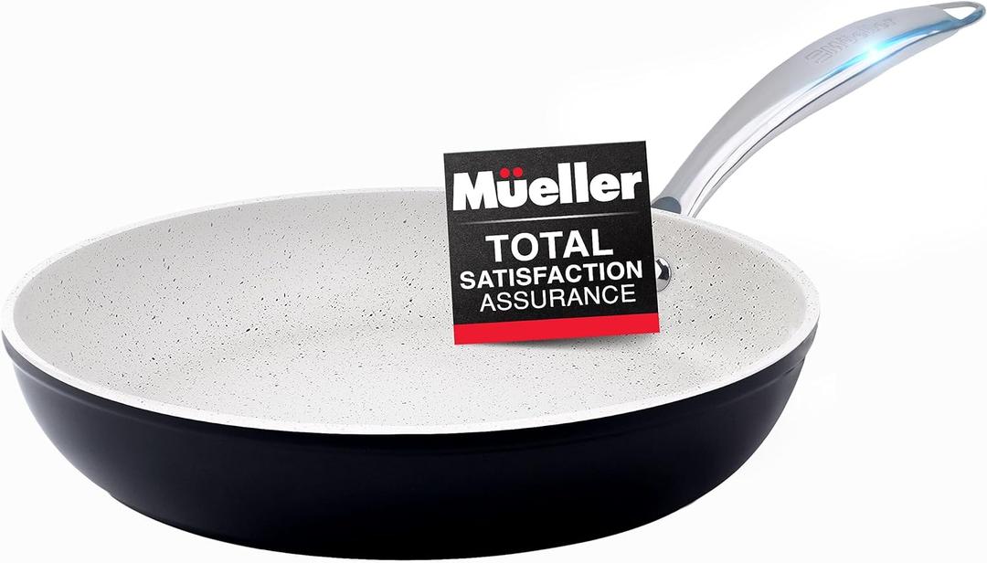Mueller 12-Inch Fry Pan, Heavy Duty Non-Stick German Stone Coating Cookware, Aluminum Body, Even Heat Distribution, No PFOA or APEO, EverCool Stainless Steel Handle, Black