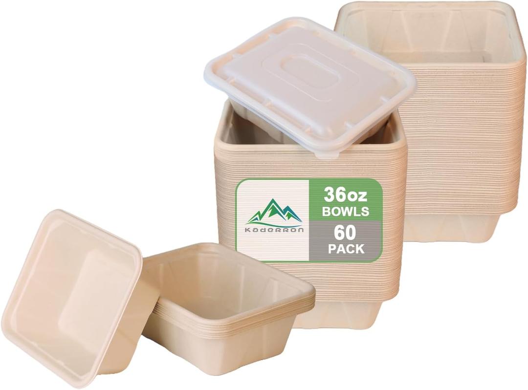 36 oz 60 Pack Large Paper Bowls with Lids, Disposable Bowls Bulk Leakproof and Microwave Safe for Hot/Cold Use (36OZ-60PACK)