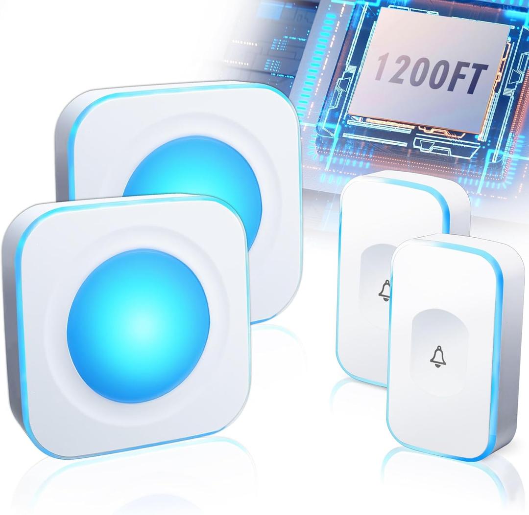 Wireless Doorbell 1200ft Waterproof Door Bells & Chimes Wireless Kit 36 Melodies 4 Volume levels with LED Flash For Home Office FUHONGRUI(2 Receivers&2 Buttons White)