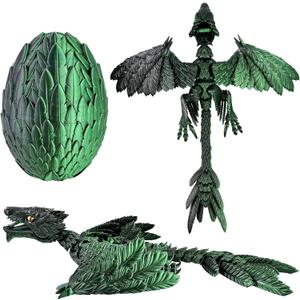 Extra Large Dynamic 3D Printed Dragon Egg with Dragon InsideOpen and Close Mouth with Wings Movable and Eyes, Feathered Wyvern Articulated Crystal Flying Fidget Bird Animals (Dark Green)