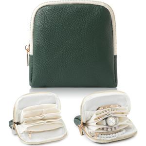Genuine Leather Travel Jewelry Organizer Case Pouch Bags with Zipper, Small Mini Portable Jewelry Storage Bag for Ring Earrings Necklace Bracelet Travel Essentials Gift for Women（Dark Green）