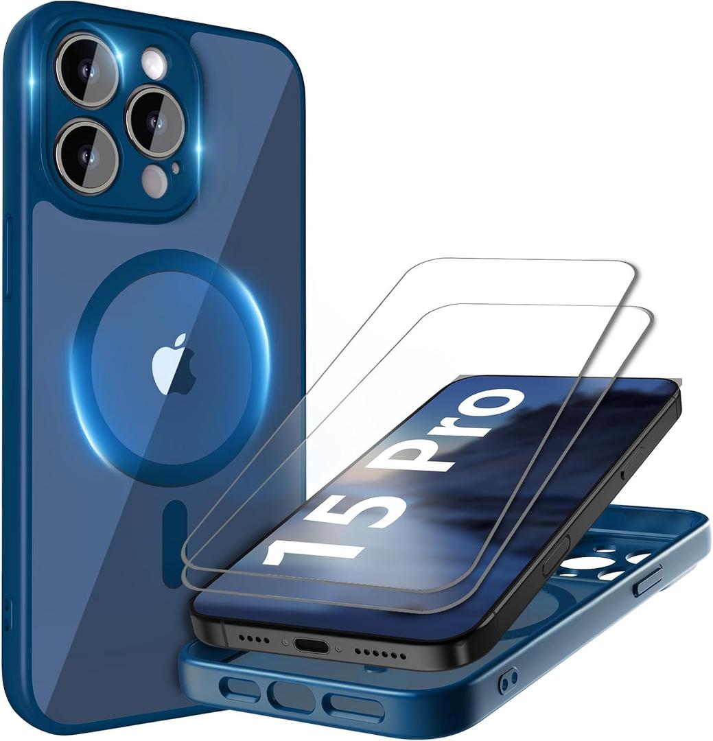 Cufelf Magnetic for iPhone 15 Pro Case(Compatible with Magsafe) Full Camera Protection,2+Full Coverage Screen Protector,Translucent Matte,Military Drop Protection Phone Case,6.1",Blue