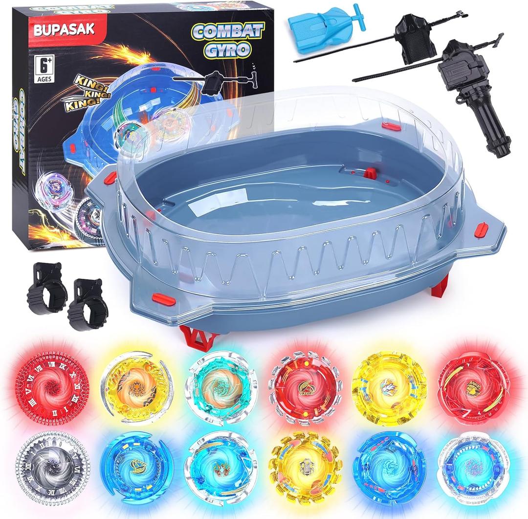 BUPASAK Light Ignite Spinning Tops Battle Set, with Stadium, 12 Light Ignite Spinning Tops, and 3 Launchers, Toys for 6 Year Old Boys & Girls & Up (Amazon Exclusive)