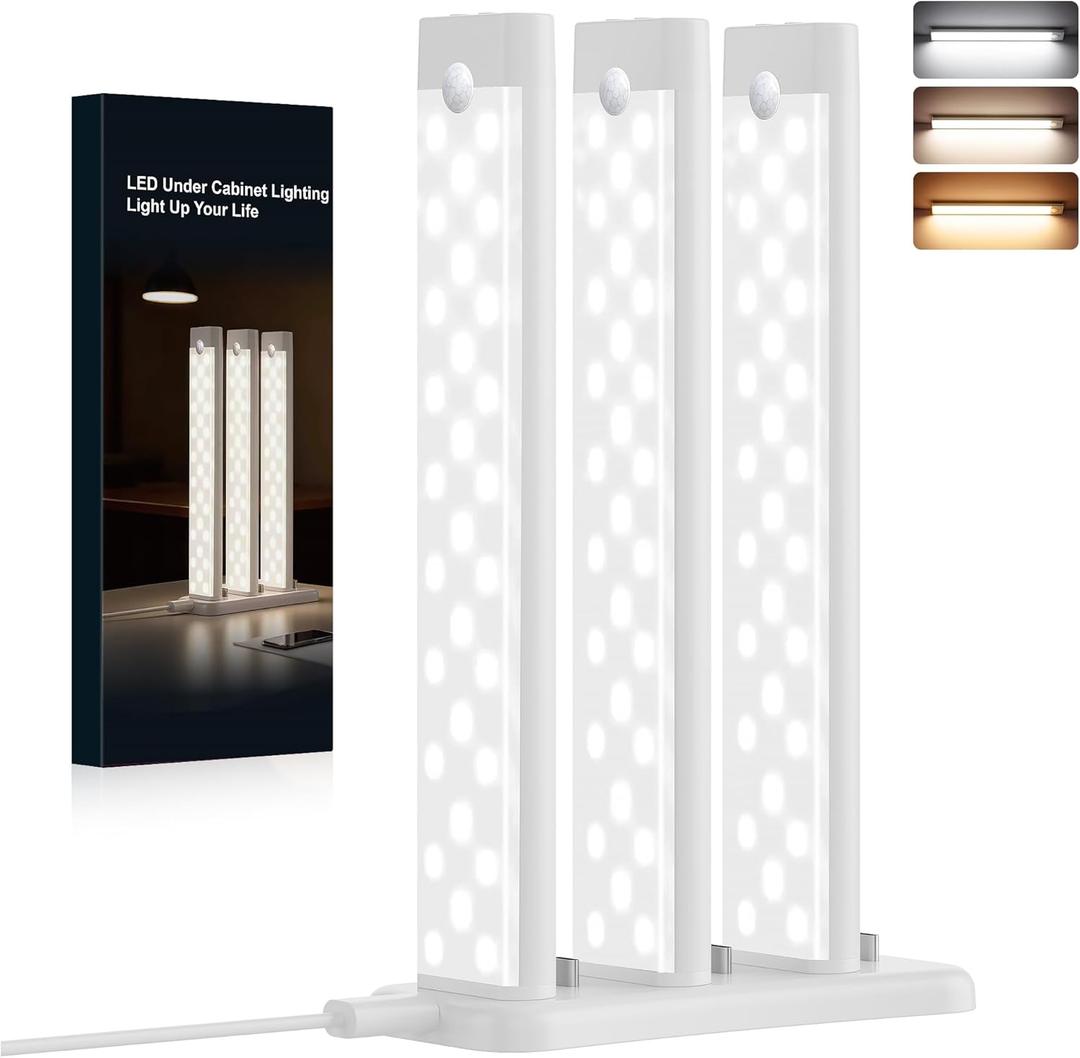 3 Packs Under Cabinet Lighting with Charging Station 8 Inches, Motion Sensor Light Indoor Rechargeable, 3 Color Dimmable Closet Light, USB Led Stick on Under Counter Lights for Kitchen Pantry