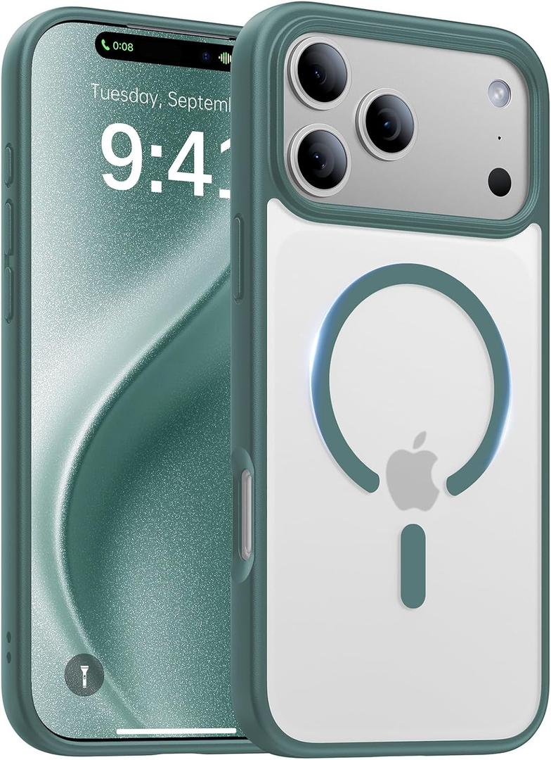 Magnetic for iPhone 17 Pro Case,[Anti-Slip][Compatible with MagSafe][Military Grade Drop Protection] Shockproof Protective Translucent Matte Phone Case for iPhone 17 Pro Case,Night Green