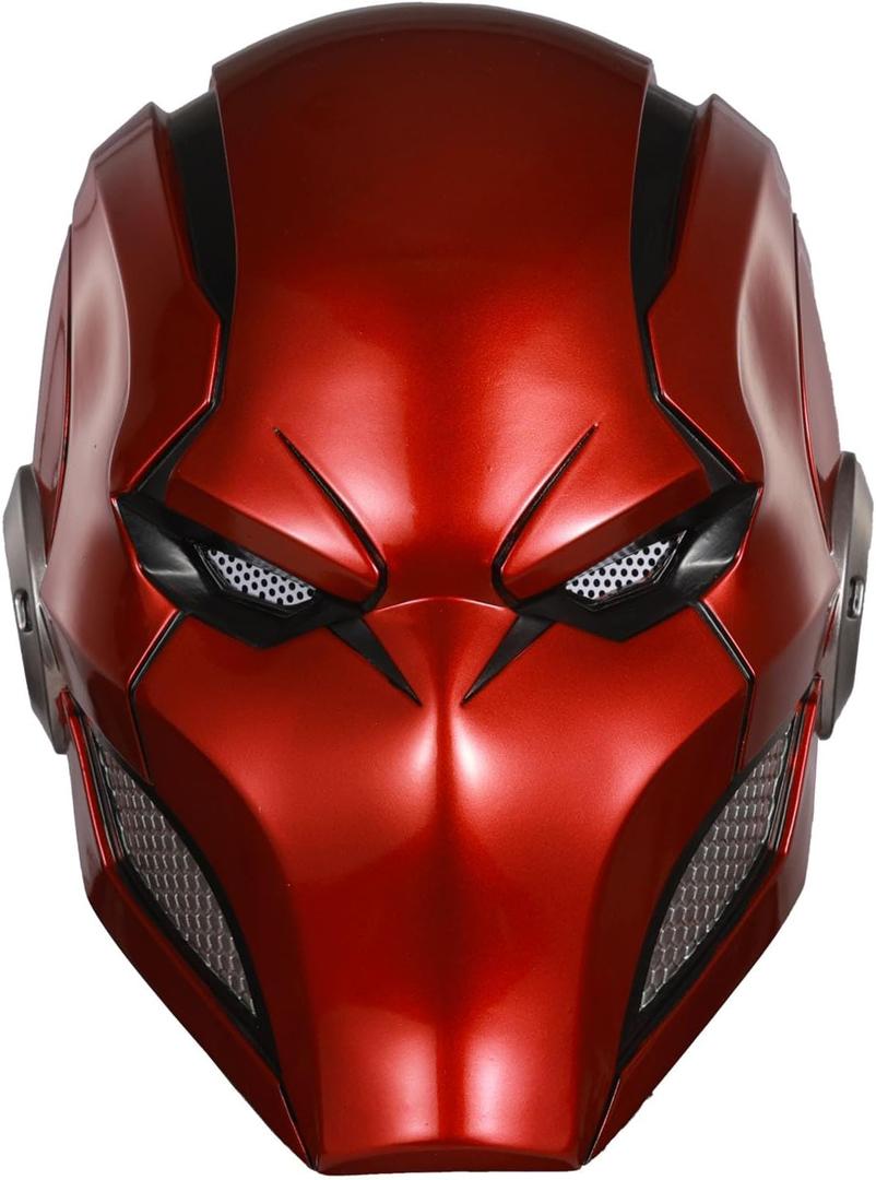 Red Hood Helmet Metallic Mechanical Style Piercing Eye Detail Form-Fitted Deluxe Cosplay Prop for Fans & Collector's Edition (Red)