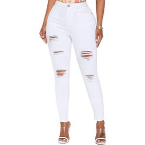 LONGBIDA High Waisted Ripped Skinny Jeans for Women Slim Fit Stretchy Distressed Jeans Y2K Destroyed Ankle Denim Pants (Large, White)