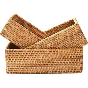 Rattan Storage Baskets, Wicker Baskets for Organizing, Hand Woven Fruit Basket, Decorative Baskets for Kitchen Counter, Living Room, Bathroom, Set of 3 (Rectangular)