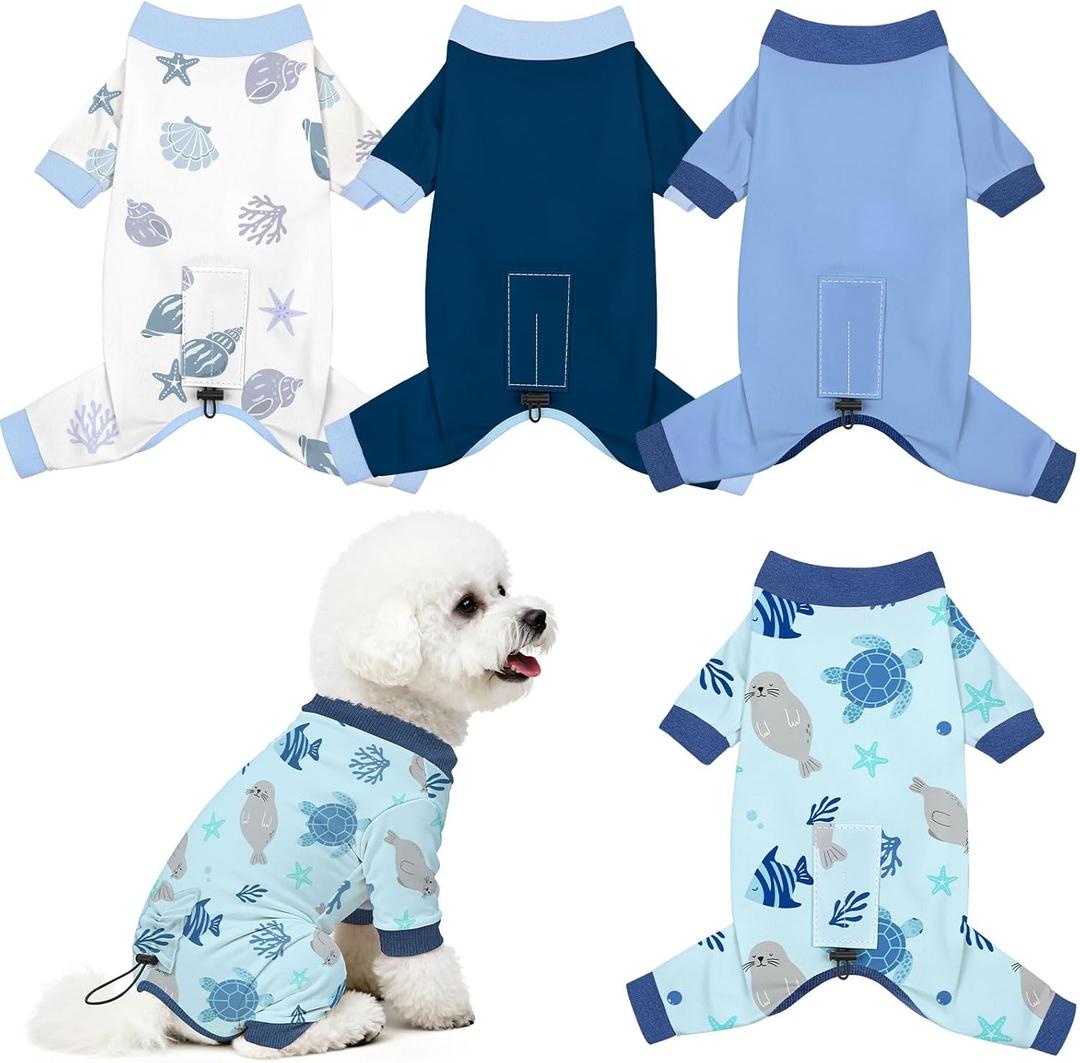 4 Pack Dog Pajamas Pet Costumes Dog Jammies Onesies Sweatshirt Adjustable Breathable Stretchy Clothes for Puppy Small Medium Large Dogs Girls Boys,M (Conch, Blue, Underwater Animals, Navy)