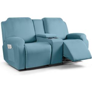 TAOCOCO Reclining Loveseat with Middle Console Slipcover, 4 Piece Polyester Fabric Stretch Loveseat Recliner Sofa Covers, Soft Washable Furniture Protector (Aqua Blue, 2 Seater with Console Cover)
