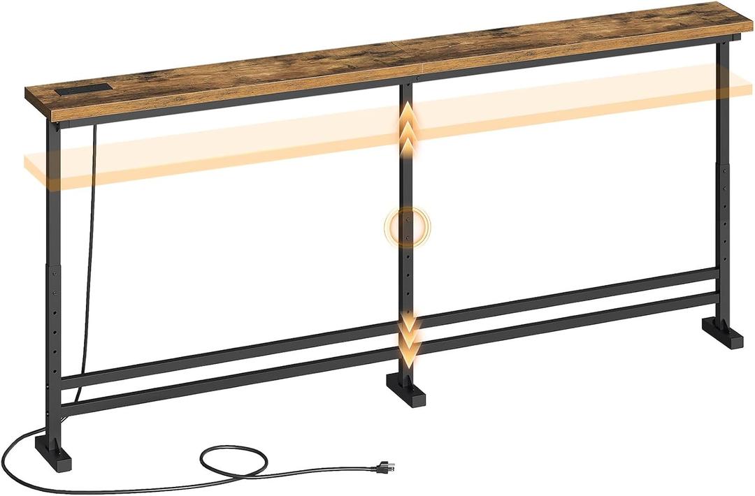 YATINEY 78.7" Console Table with Adjustable Height (27.6"-35.4") and Power Outlet, Skinny Behind Couch Table, Narrow Long Sofa Table for Living Room, Hallway, Entryway, Rustic Brown and Black CT09UBR, 78.7"L x 5.9"W x 27.6-35.4"H
