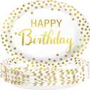 50Pcs Gold Birthday Oval Paper Plates 10" x 12" Large Heavy Duty Disposable White Gold Happy Birthday Theme Decorations Golden Dessert Party Plate for Women Men Winter Xmas Eve Holiday Party Supplies