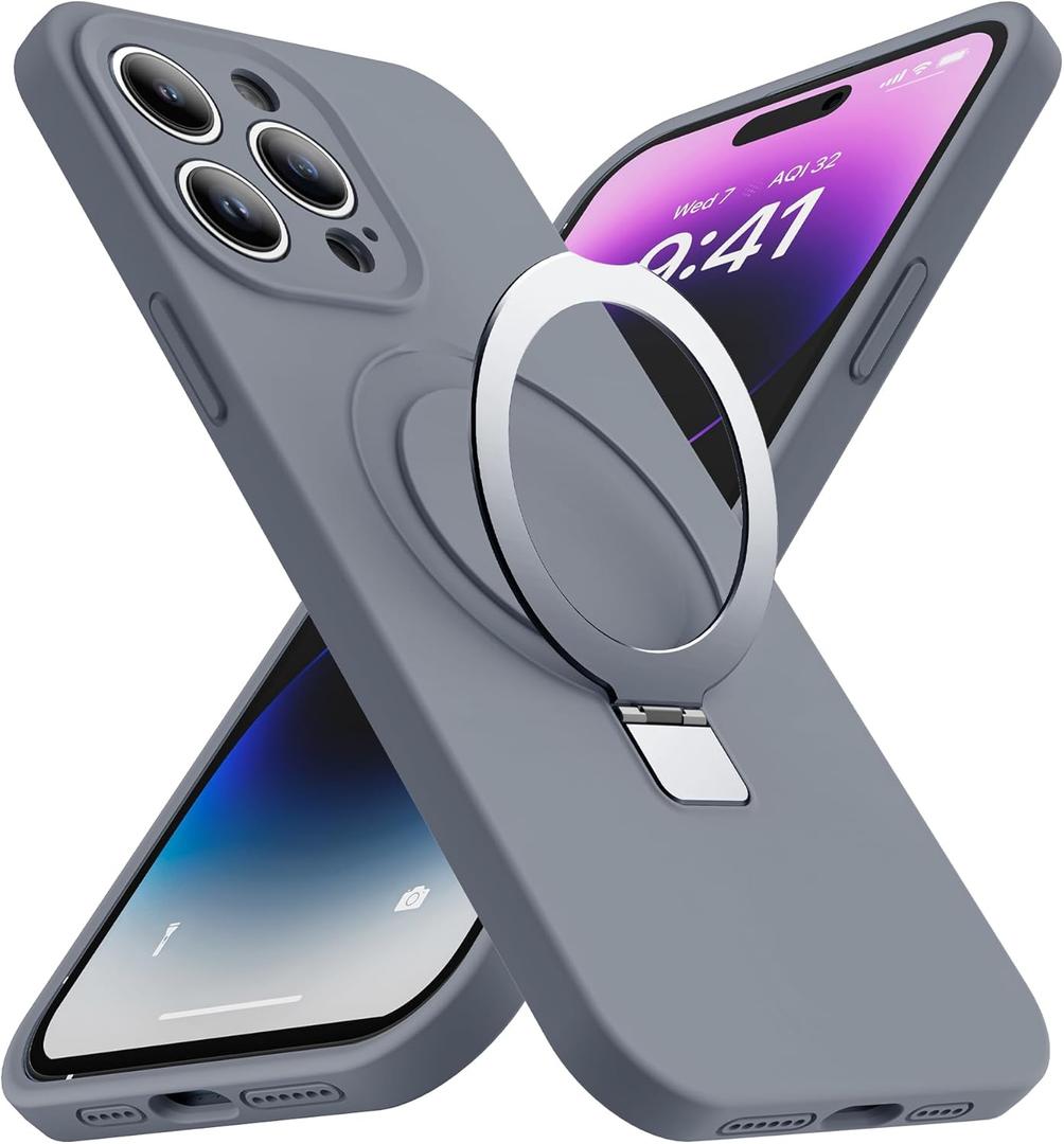 SKYLMW Designed for iPhone 15 Pro Max Case with Magnetic Invisible Stand Compatible with Mag-Safe Military Drop Tested Shockproof Silicone Phone Cases for Women Men 6.7'', Grey