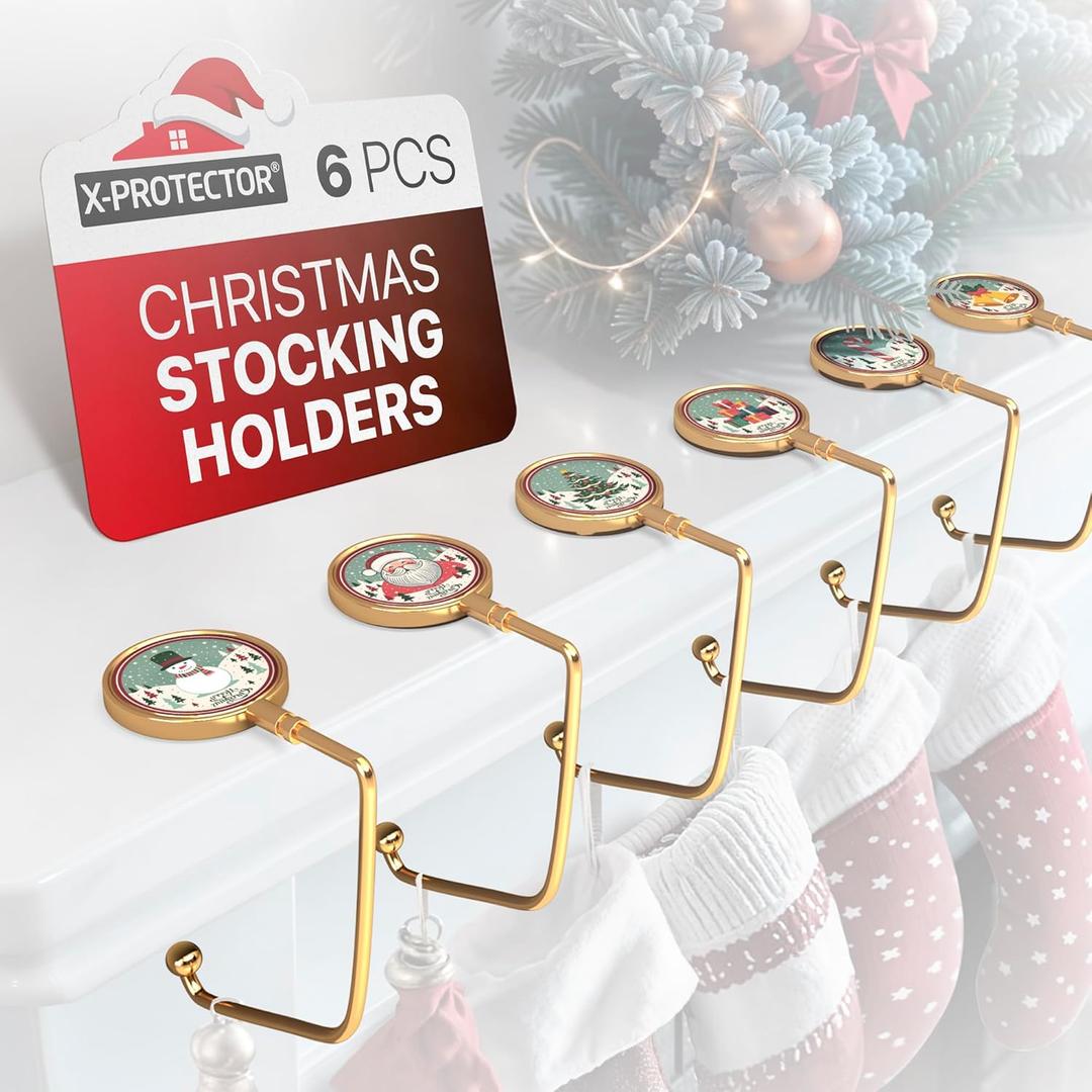 X-Protector Stocking Holders for Mantle - 6 PCS - Premium Christmas Stocking Holder with Non-Slip Bottom - Golden Stocking Hangers for Mantel - Stocking Hooks with Stickers on Top - Merry Christmas!