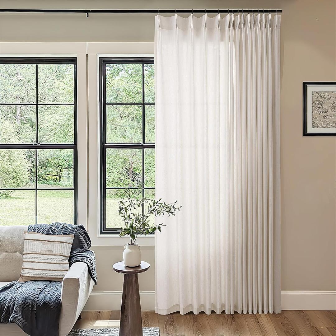 Linen Sheer Pleated Curtains 84 Inches Long 100 Inch Wide Patio Sliding Door Curtains Light Filtering Semi Sheer Pinch Pleat Drapes Cream Ivory Boho Extra Wide 100 x 84 Drapes for Living Dining Room