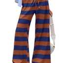 Yousify Womens Striped Wide Leg Flare Pants Casual Drawstring Elastic Waist Loose Yoga Lounge Pant with Pockets Brown Size L