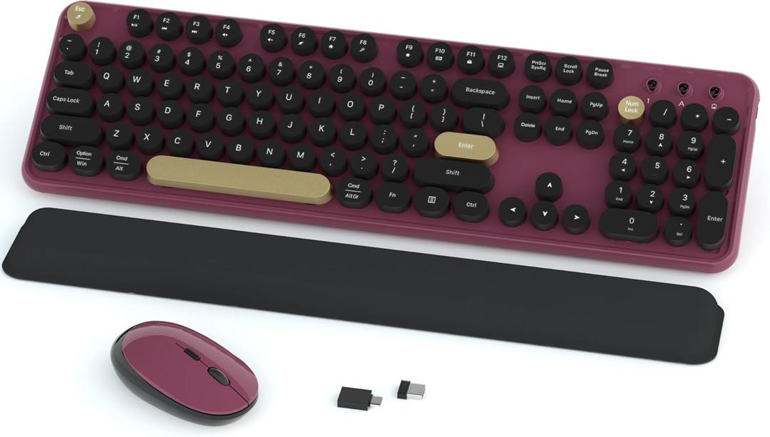 Wireless Keyboard and Mouse Combos, Retro Keyboard and Mouse Wireless Full Size, 2.4Ghz Connection and Optical Mouse for Windows, Mac, PC, Laptop for Home and Office (Burgundy-Black)