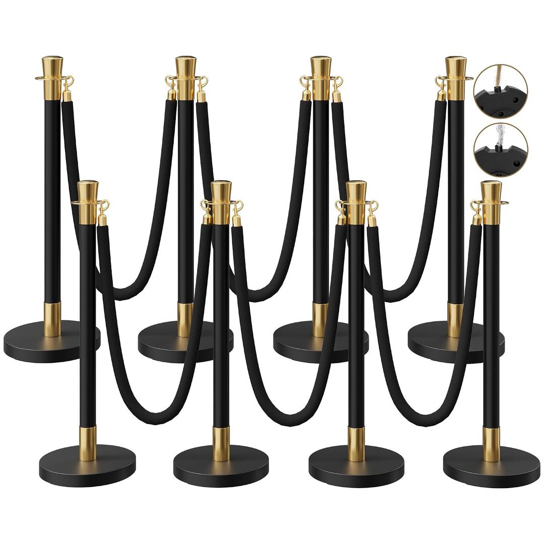 8 Pack Black&Gold Stanchions and Velvet Ropes Set, Stainless Steel Crowd Control Barriers, 6Pcs Black Ropes and Poles for Party Supplies,Photobooth Accessories, Prom,Birthday,Business,Wedding, Museums