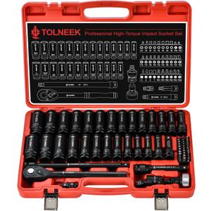 63-Piece 1/2" Drive Impact Socket Set, SAE (3/8 to 1 inch) and Metric (10-24mm) Socket Wrench Set with Extension Bars, Palm Ratchet Kit, CR-V Steel for Auto/Industrial Repairs