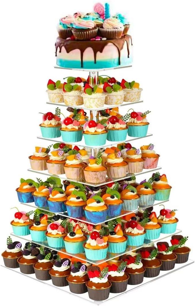 7 Tier Cupcake Stand for 100 Cupcakes, Cake and Cupcake Combo Dessert Tower Holder, Clear Acrylic Cupcake Riser, Large Pastry Cupcake Display for Birthday Wedding Party…