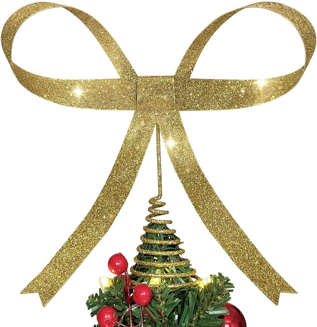 Large Metal Bow Christmas Tree Topper,9.4 Inch Glitter Gold Tree Topper,Gold Bow Christmas Tree Decorations for Xmas Home Decor Holiday Party Indoor Outdoor Shop Office
