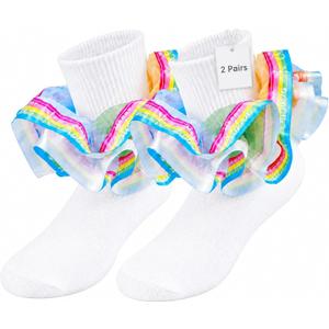 LSULIBYB Girls Christmas Rainbow Ruffle Socks, Cotton Ankle Socks with Snowflake Pattern, Double Lace Frilly Turn Cuff, 1-10T (US, Age, 6 Years, 8 Years, 2 Pairs/ Rainbow Snowflake)