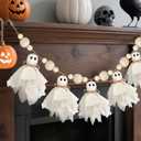 6.5Ft Halloween Ghost Garland with Wooden Beads, White Handmade Cute Ghost Decor, Vintage Farmhouse Halloween Banner Decorations Indoor for Wall, Mantle, Fireplace