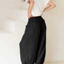 Xiaoxuemeng Womens Wide Leg Pants Cotton Linen Barrel Pants Elastic Waisted Lounge Trousers with Pockets (Black, M)
