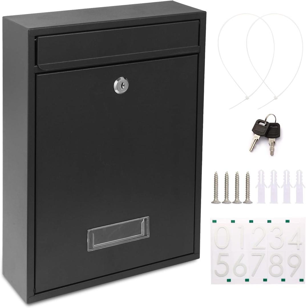 Mailboxes for Outside, Wall Mount Locking Mailbox, Security Mailbox with Lock Key and Three Sets 0-9 Mail Box Numbers, Large Capacity Steel Cover Metal Postbox for Outdoor, 13.8X 10.8X 3.25 Inch Black