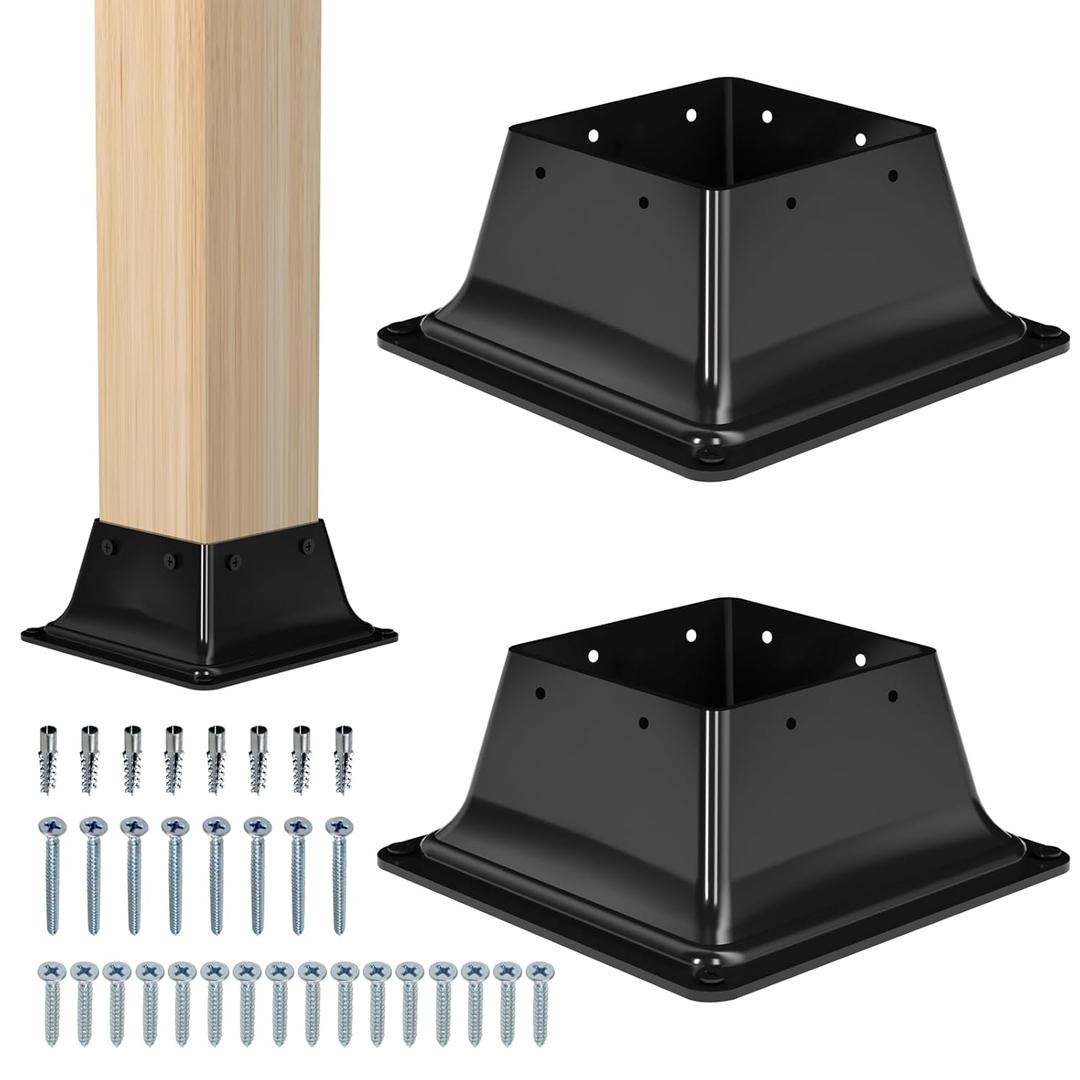 4x4 Post Base 2Pcs-Inner Size 3.6x3.6-Heavy Duty Metal Post Brackets-Deck Post Anchors-Solid Steel-Powder Coated-Wood Post Holder for Porch Handrail Railing Pergola Fence Pavilion-Support Deck Base