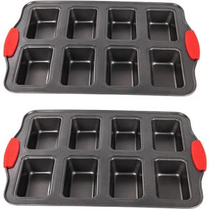 2 Packs 8 Cavity Non-Stock Mini Loaf Pan with Silicone Handle, Mini Bread Loaf Baking Pan Mini Brownie Pan Cheesecake Mould Rectangular Bar