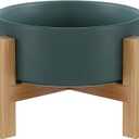 Raised Ceramic Cat Bowl - Cat Food Bowl with Bamboo Stand - Elevated Dog Food Dish for Puppies - Comfort Eating - 13.5 oz - 400 ml - Green (Small)