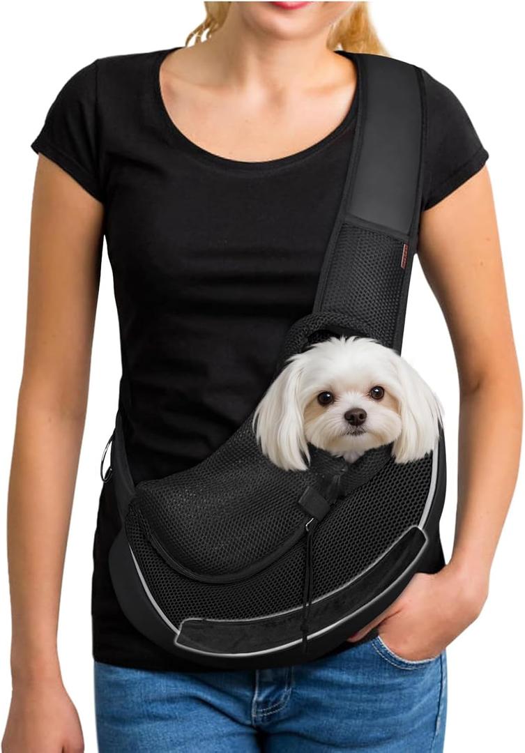YUDODO Pet Sling Carrier for 5-9 lbs Small Dogs & Cats Hands-Free Puppy Carrier with Safety Hook, Large Zipper Pocket, Soft Breathable Mesh, Adjustable Strap & Reflective Strip (Black 3.0 M)