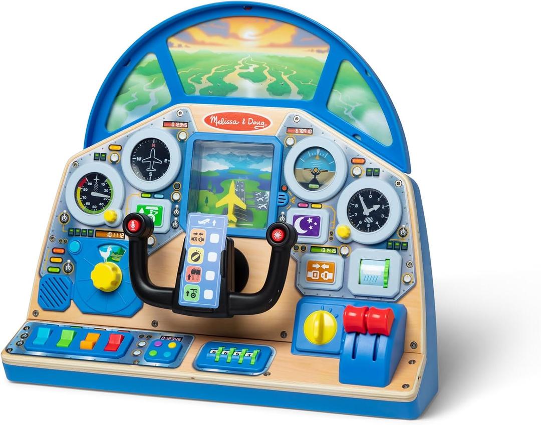 Melissa & Doug Jet Pilot Interactive Dashboard Wooden Toy for Boys and Girls Ages 3+ Cockpit Steering Wheel Pretend to Fly Experience, Fidget Buttons - FSC Certified, Kids