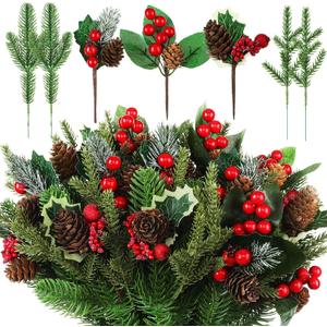 60 Pcs Christmas Artificial Green Pine Needles, Christmas Floral Picks Artificial Holly Red Berry Twig Stem Pine Snowy Cone Branches Garland Bulk for Xmas Tree Craft Holiday Winter (Charming Style)