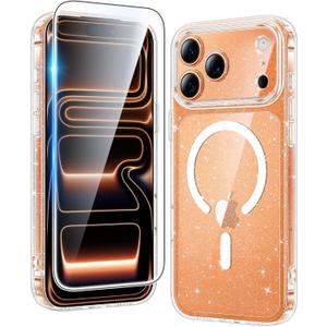 FNTCASE for iPhone 17 Pro-Max Case: Clear Magnetic Phone Cases Compatible with Magsafe Slim Anti Yellowing Military Grade Drop Protection Rugged Protective Transparent Cell Cover (B-Glitter Magnetic)