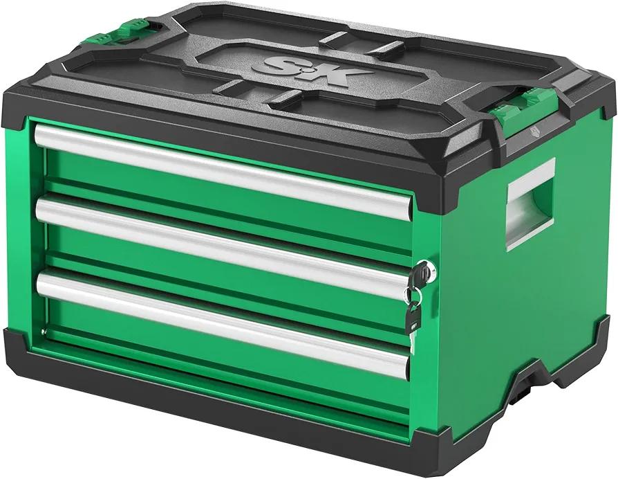 SK Modular Stackable Storage Tool Box, 20.5 Inch, 3-Drawer Steel Box, Patented Auto-Lock Mechanism, Holds up to 60 Lbs