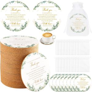 100Pcs Wedding Favors for Guest Cork Coaster Gifts Bulk Eucalyptus Leaves Coasters with Organza Bags Newlyweds Thank You for Celebrating with Us Party Decor for Wedding Bridal Shower Party Supplies (Sage Green)
