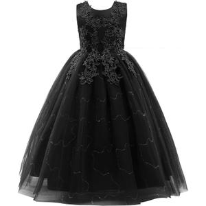 Weileenice Little/Big Girls Lace Bridesmaid Dress Flower Kid Wedding Ball Gown Toddler Princess Pageant Evening Dresses (9-10 Years, Classic Black Embroidery Sequin Tulle - Maxi)