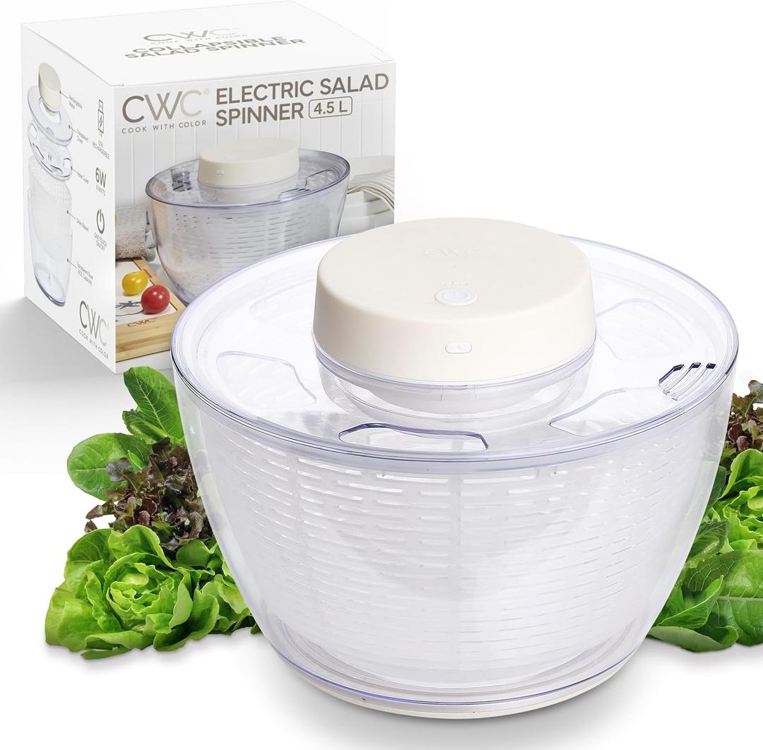 COOK WITH COLOR Electric Salad Spinner, Round 4.5L Capacity  Fast Drying & Easy Spin for Fresh Greens, Cream