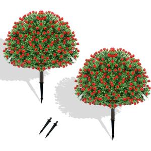 24 Artificial Boxwood Topiary Ball Tree with Rose - Set of 2 Artificial Shrub Bushes with Ground Spike, Keep Evergreen, Fake Plants for Garden Porch Countyard Patio Valentine's Day Decor