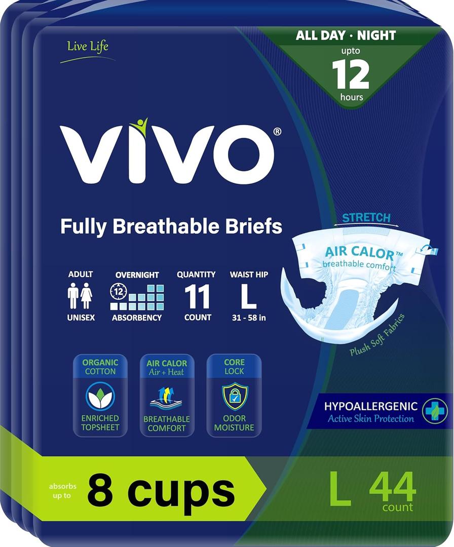 VIVO Organic Cotton Overnight Sensitive Skin Adult Incontinence Diaper Briefs with Tabs, Large 44 Count