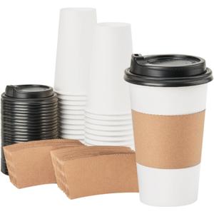 RACETOP Disposabe Coffee Cups with Lids and Sleeves 16 oz 50 Pack, Hot Paper Coffee Cups with Lids, To Go Cup with Lid, Ideal for To Go Coffee, Travel, Office, Home (White)