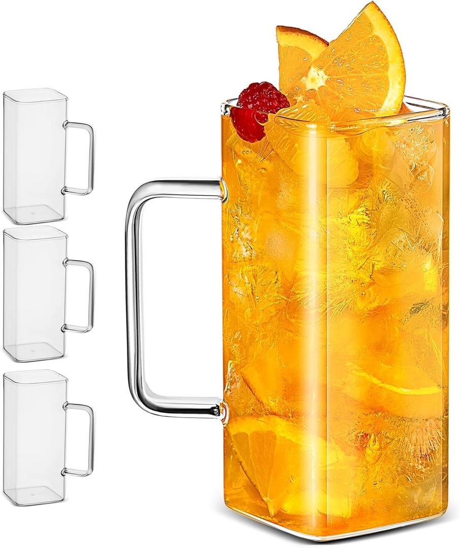 Drinking Glasses 13 oz With Handle,Set of 6 Thin Square Glasses,Elegant Bar Glassware For Water,Juice,Beer, Drinks,and Cocktails and Mixed Drinks,Lead-Free Drink Tumblers