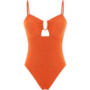 ZAFUL Women's One Piece Swimsuit Metallic Shiny Metal U-Wire Bathing Suit Sparkly Cut Out Tie Back Glitter High Cut Swimwear (Large, Orange)