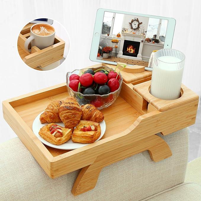4 in 1 Bamboo Couch Arm Tray with Storage & Cup Holder, 360 Rotated Adjustable Sofa Arm Rest Tray Table for Couches, Armchair Caddy Organizer for Snacks & Drinks, Couch Armrest Table for Living Room