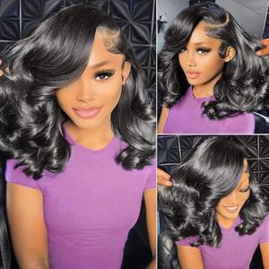 Body Wave Bob Wig Human Hair 13x6 Hd Lace Front 14 Inch 200 Density Short Bob Frontal Wigs for Women Glueless Wig Pre Plucked with Baby Hair Natural black